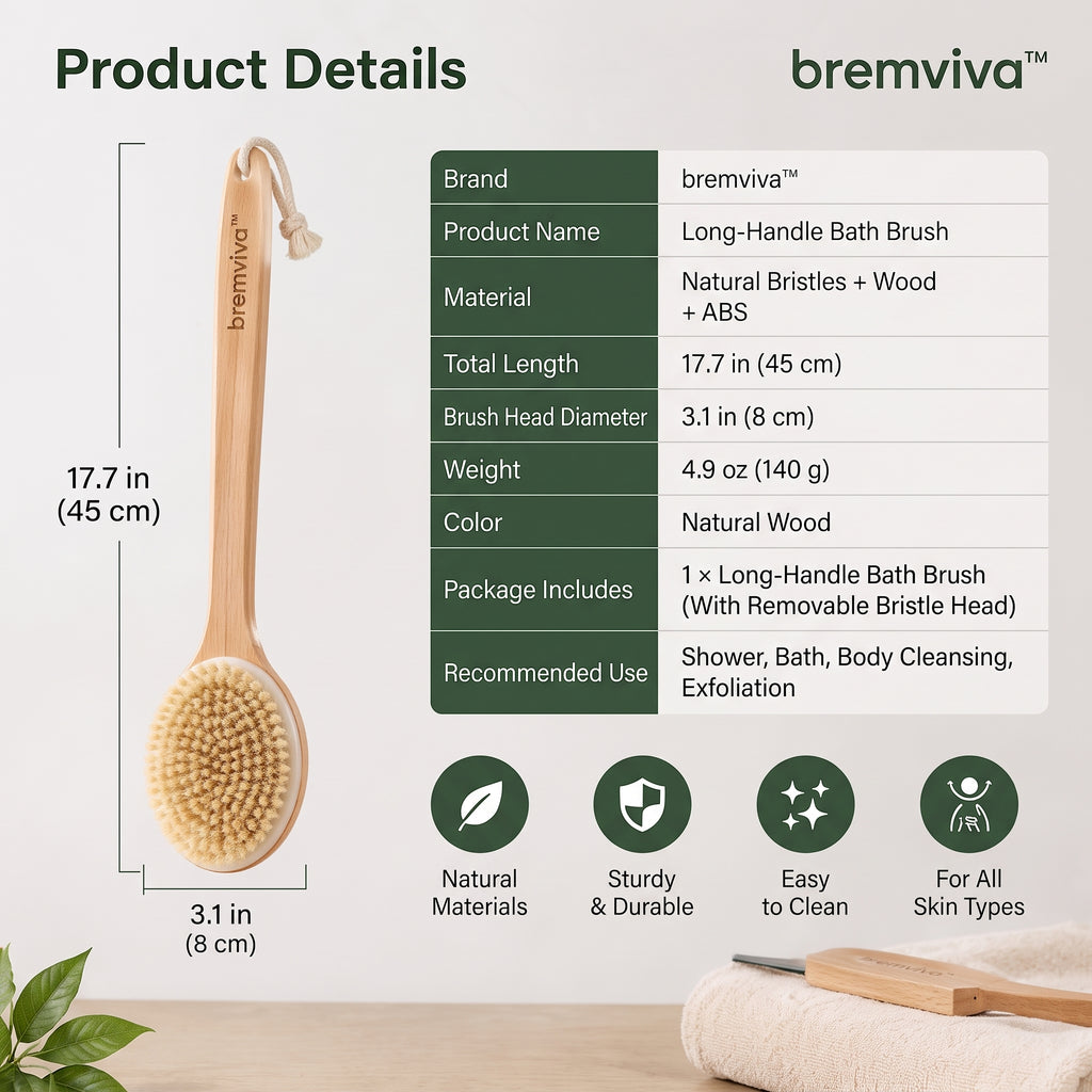 bremviva™ Long-Handle Bath Brush, Removable Bristle Head with Hand Strap for Shower & Body Cleansing