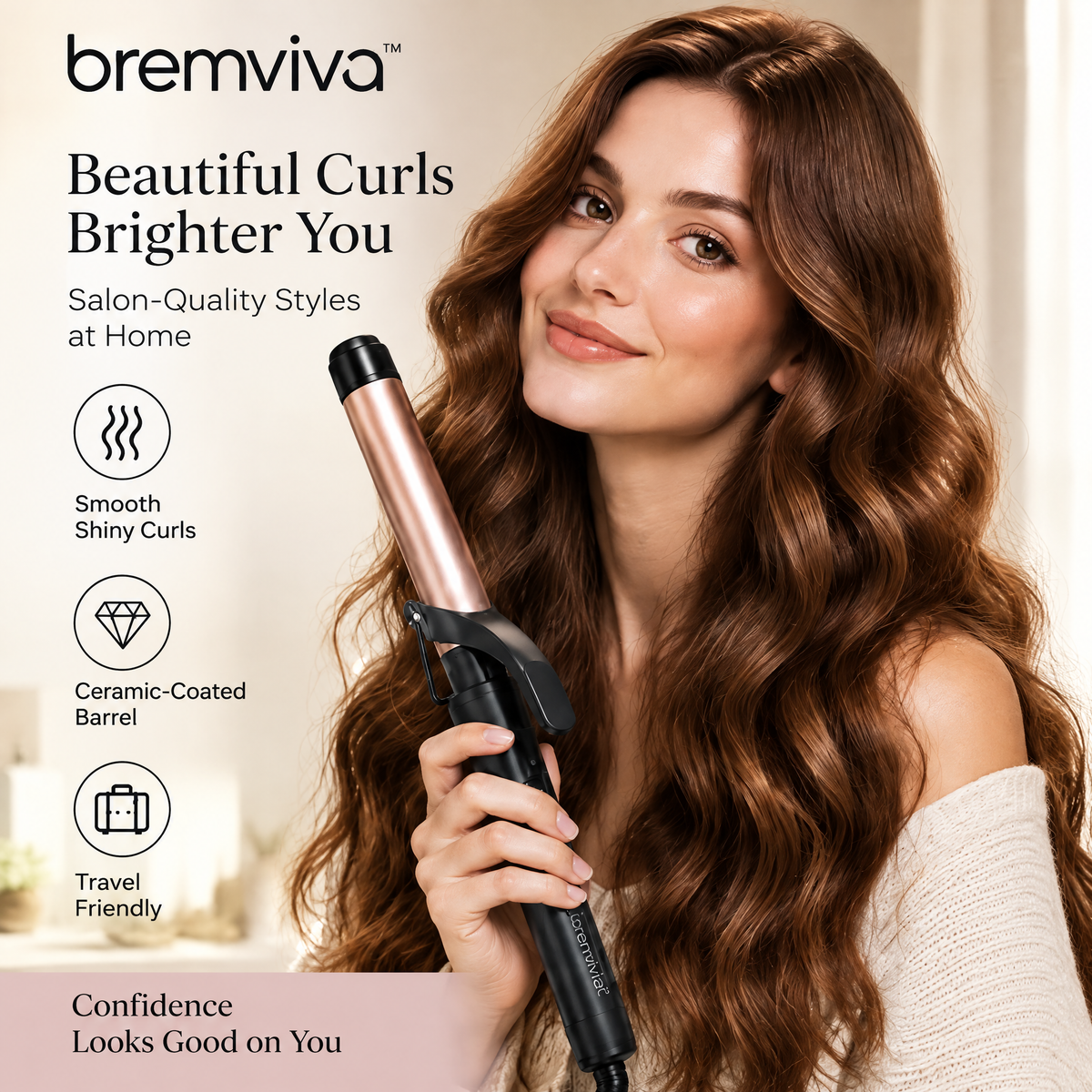 bremviva™ 1¼-Inch Curling Iron, Ceramic-Coated Barrel with 3 Heat Settings, Clamp & Travel Pouch