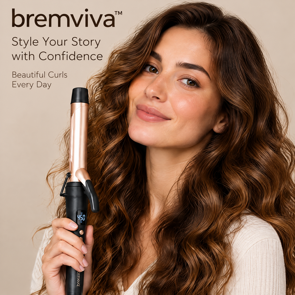 bremviva™ 1-Inch Ceramic-Coated Curling Iron, Digital Temperature Settings with Clamp & Swivel Cord