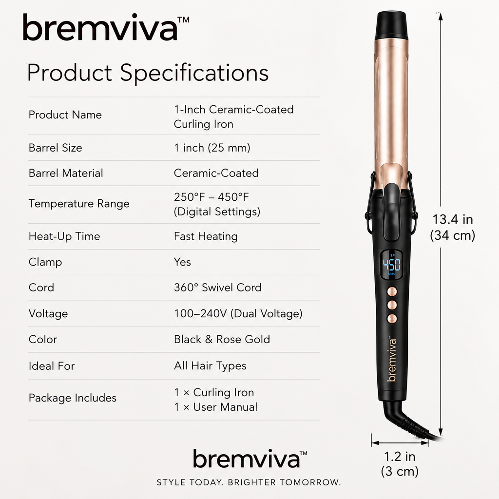 bremviva™ 1-Inch Ceramic-Coated Curling Iron, Digital Temperature Settings with Clamp & Swivel Cord
