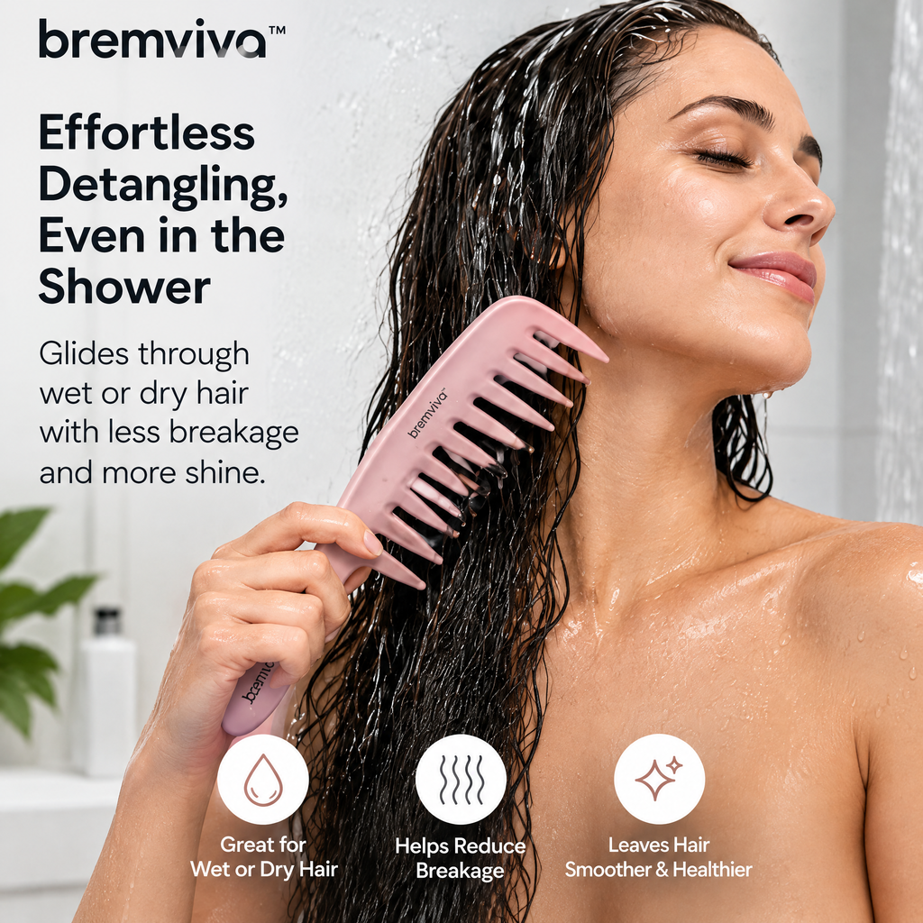 bremviva™ Wide-Tooth Detangling Comb Set, 2-Piece Shower & Travel Hair Combs with Rounded Teeth