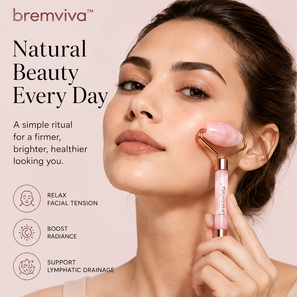 bremviva™ Rose Quartz Facial Roller & Gua Sha Set, Dual-Ended Massage Roller with Contoured Stone Tool