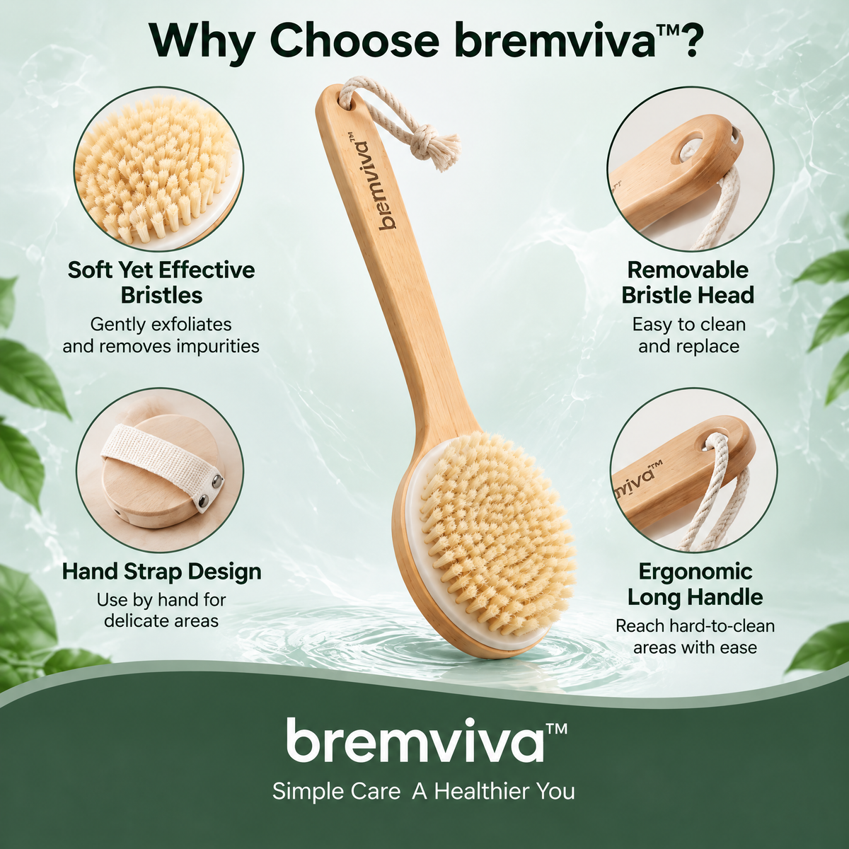 bremviva™ Long-Handle Bath Brush, Removable Bristle Head with Hand Strap for Shower & Body Cleansing