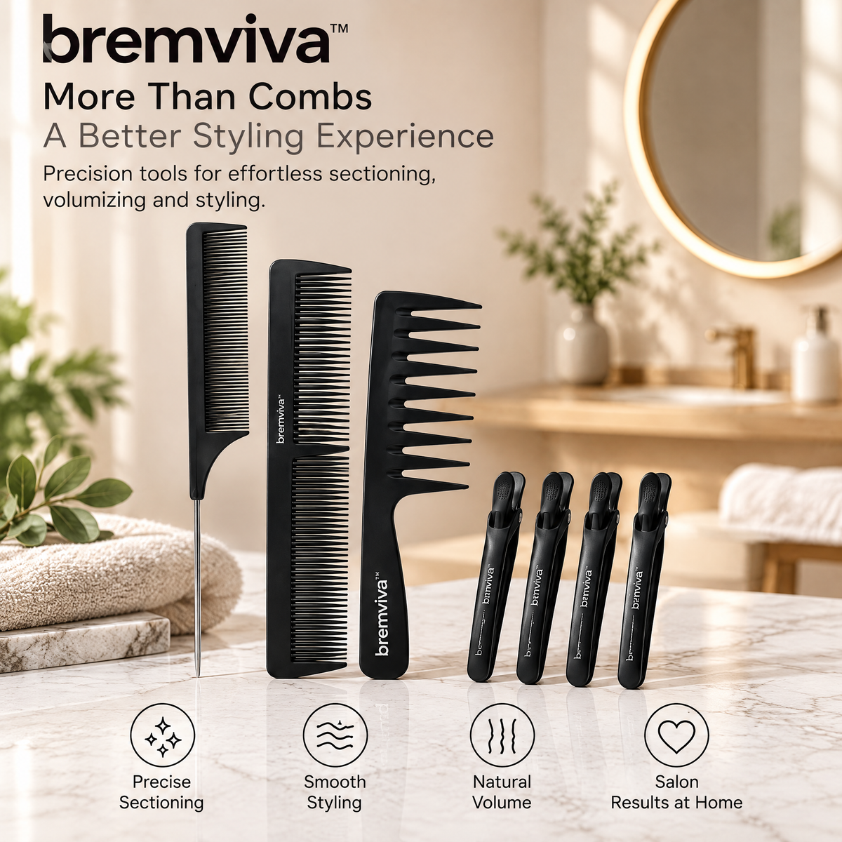 bremviva™ Sectioning & Styling Comb Kit, Tail Comb, Dual-Tooth Comb, Lift Comb & Hair Clips