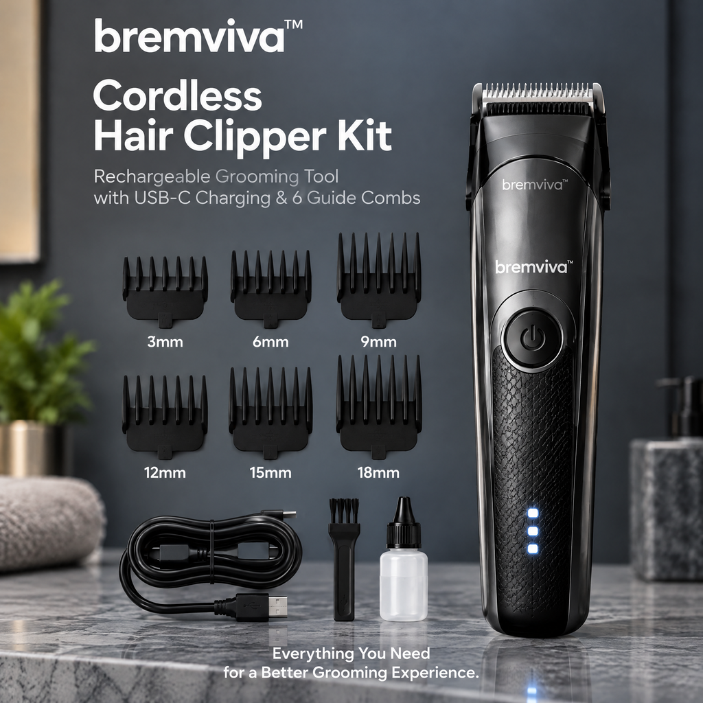 bremviva™ Cordless Hair Clipper Kit, Rechargeable Grooming Tool with USB-C Charging & 6 Guide Combs