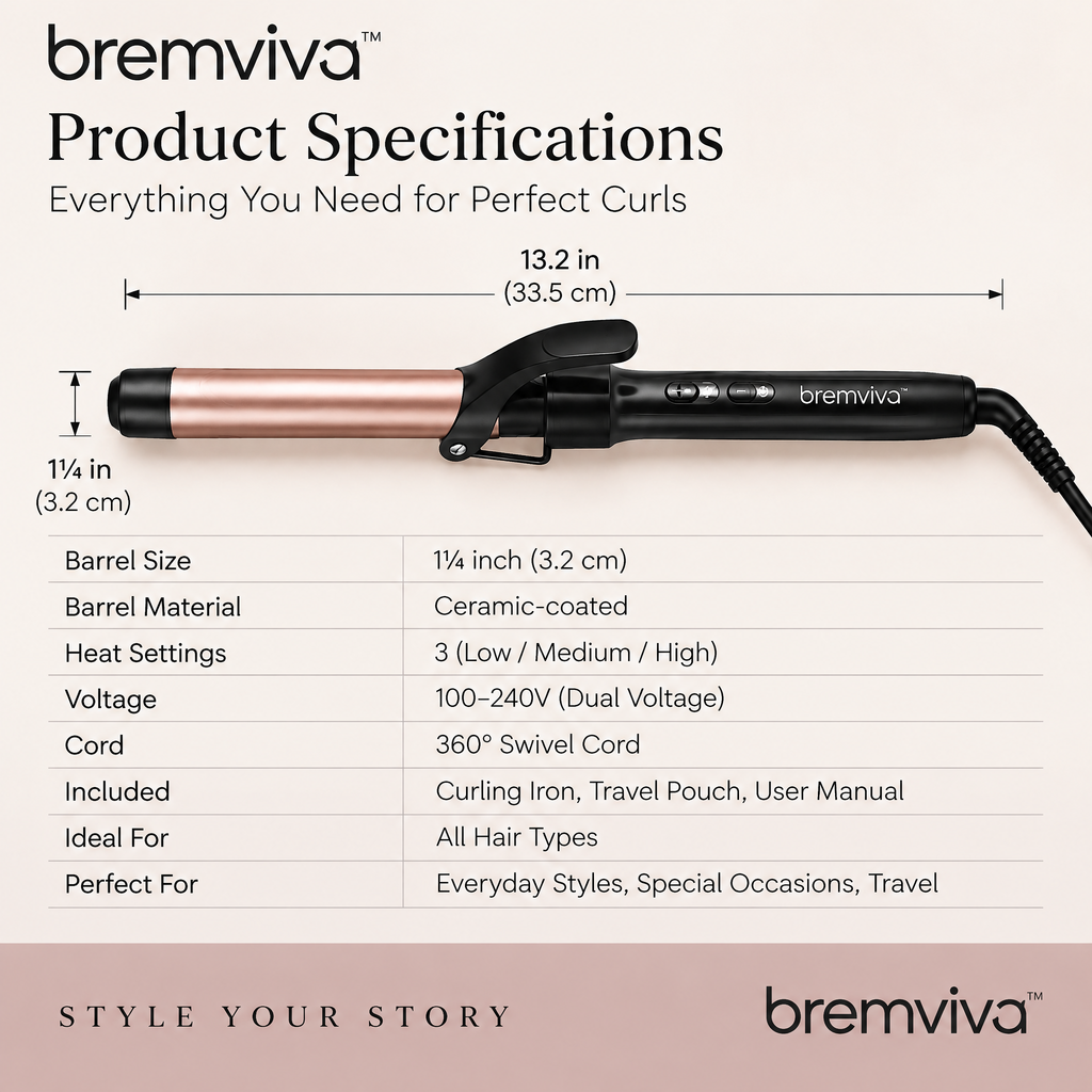 bremviva™ 1¼-Inch Curling Iron, Ceramic-Coated Barrel with 3 Heat Settings, Clamp & Travel Pouch