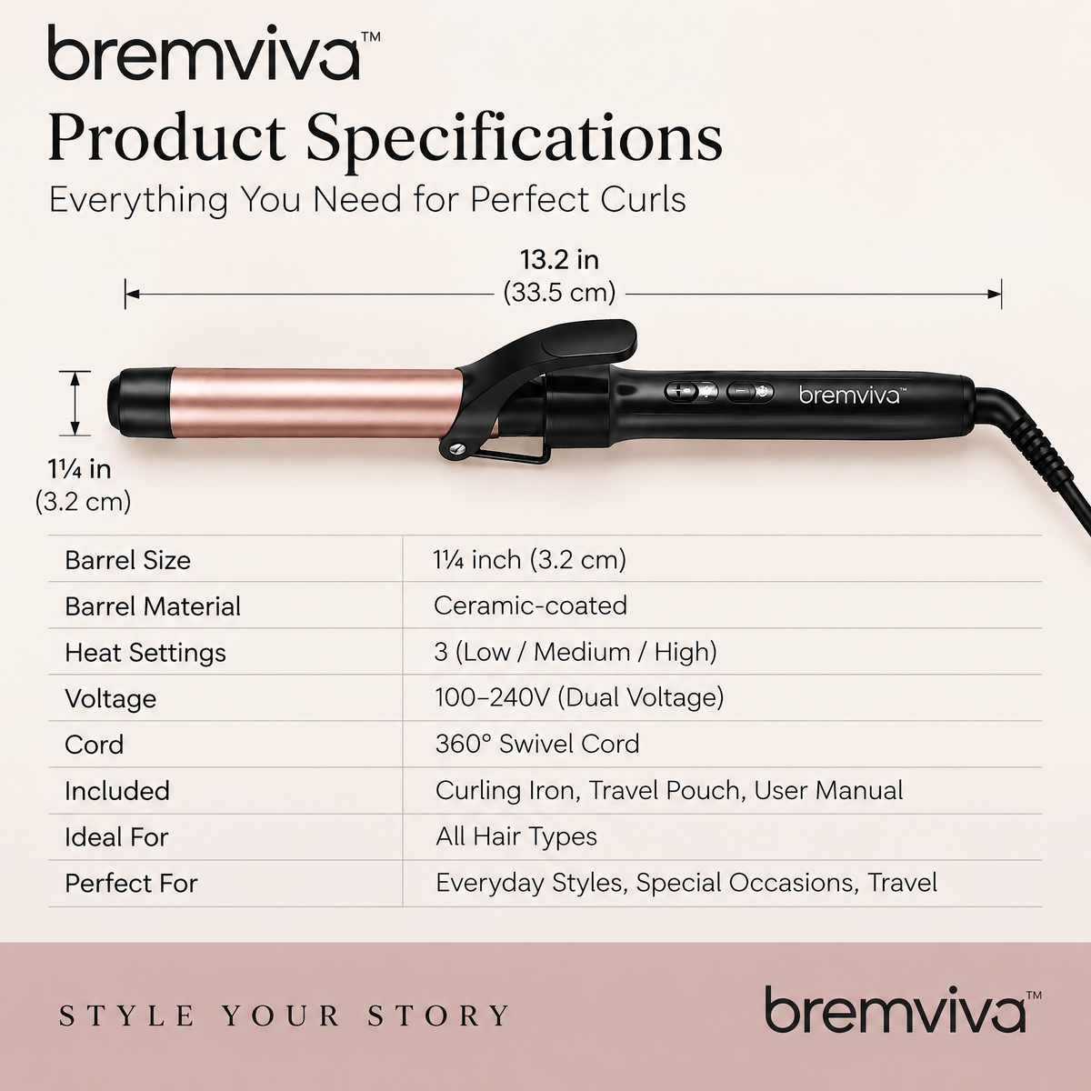 bremviva™ 1¼-Inch Curling Iron, Ceramic-Coated Barrel with 3 Heat Settings, Clamp & Travel Pouch
