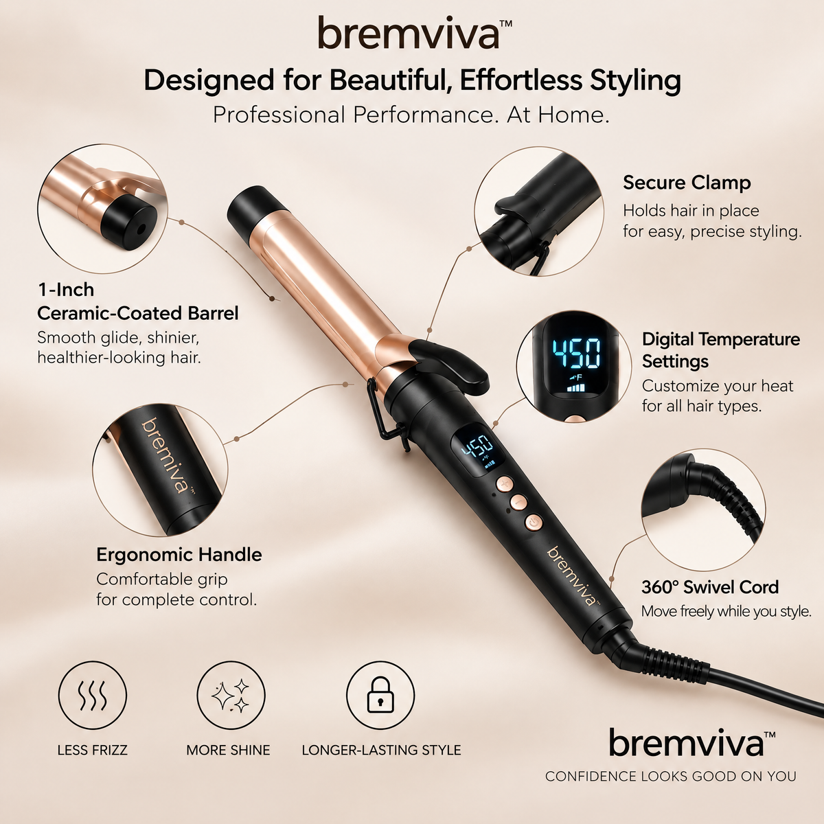 bremviva™ 1-Inch Ceramic-Coated Curling Iron, Digital Temperature Settings with Clamp & Swivel Cord