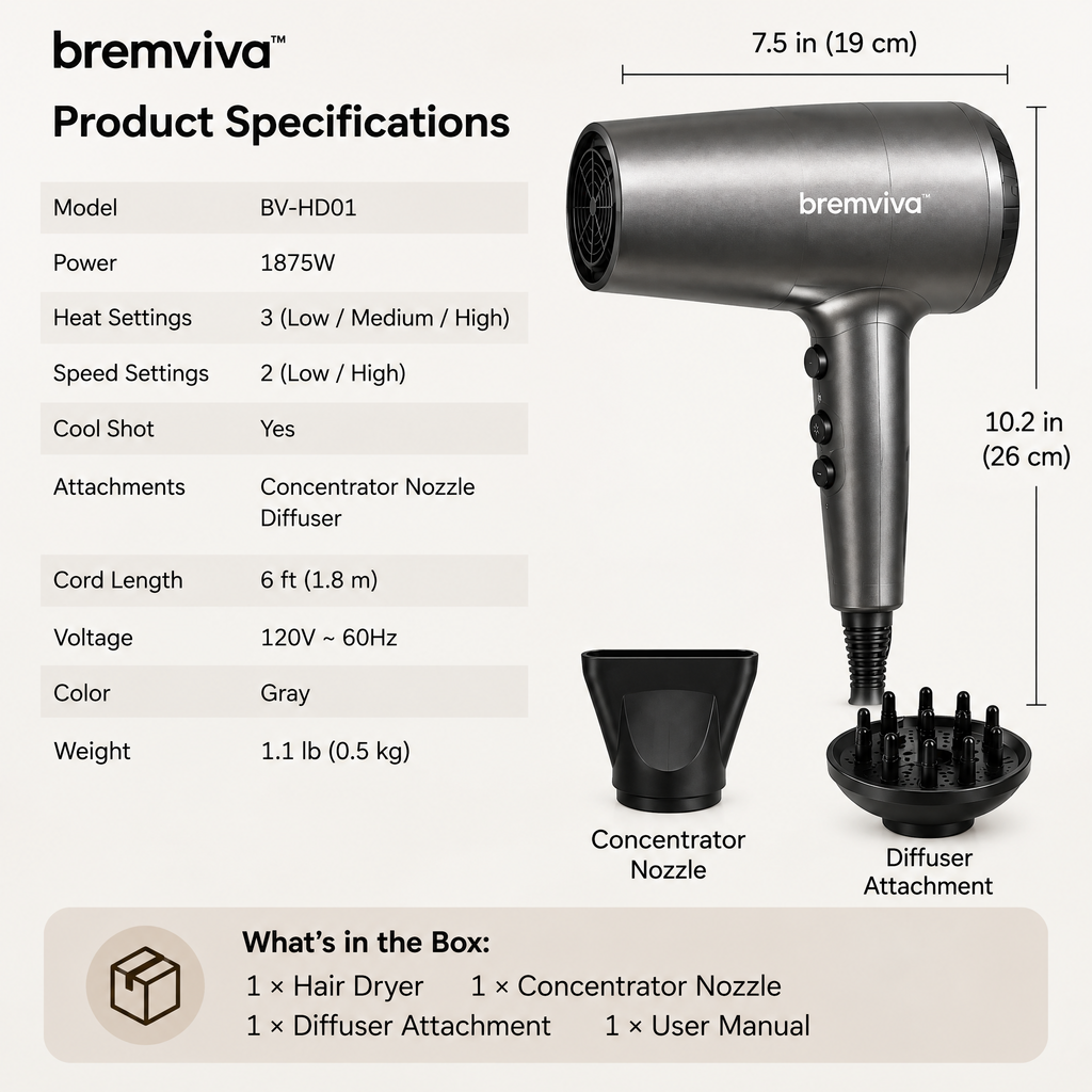 bremviva™ 1875W Hair Dryer, 3 Heat Settings, 2 Speeds & Cool Shot with Concentrator and Diffuser