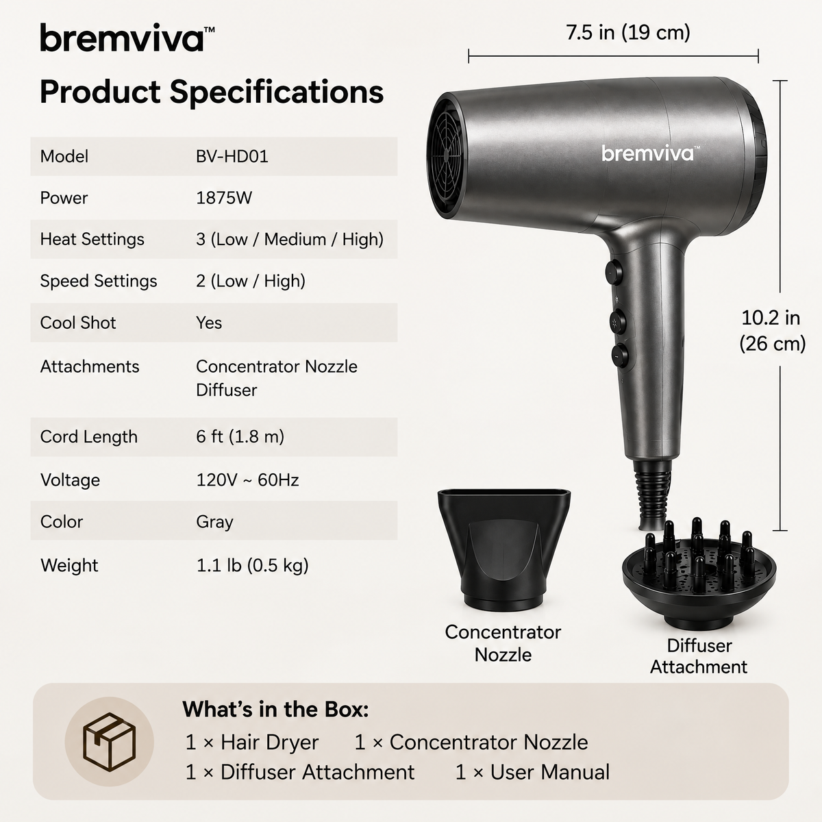 bremviva™ 1875W Hair Dryer, 3 Heat Settings, 2 Speeds & Cool Shot with Concentrator and Diffuser