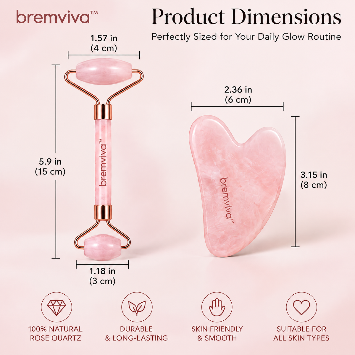 bremviva™ Rose Quartz Facial Roller & Gua Sha Set, Dual-Ended Massage Roller with Contoured Stone Tool