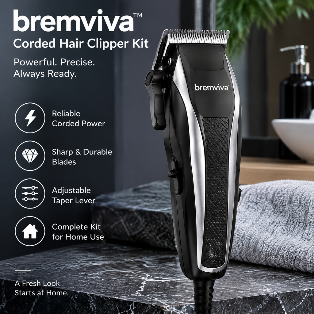 bremviva™ Corded Hair Clipper Kit, Adjustable Taper Lever with 8 Guide Combs & Storage Case