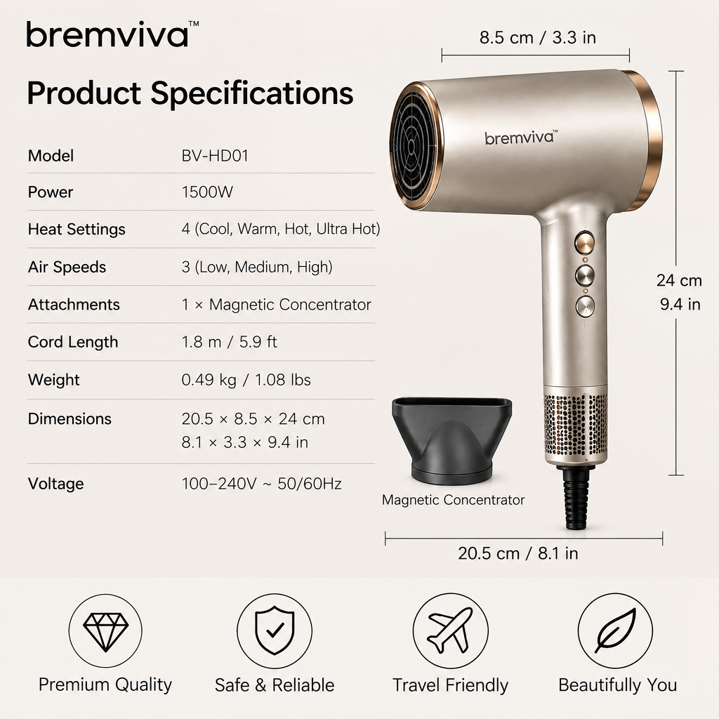 bremviva™ 1500W Compact Hair Dryer, Digital Heat Controls, 3 Air Speeds & Magnetic Concentrator