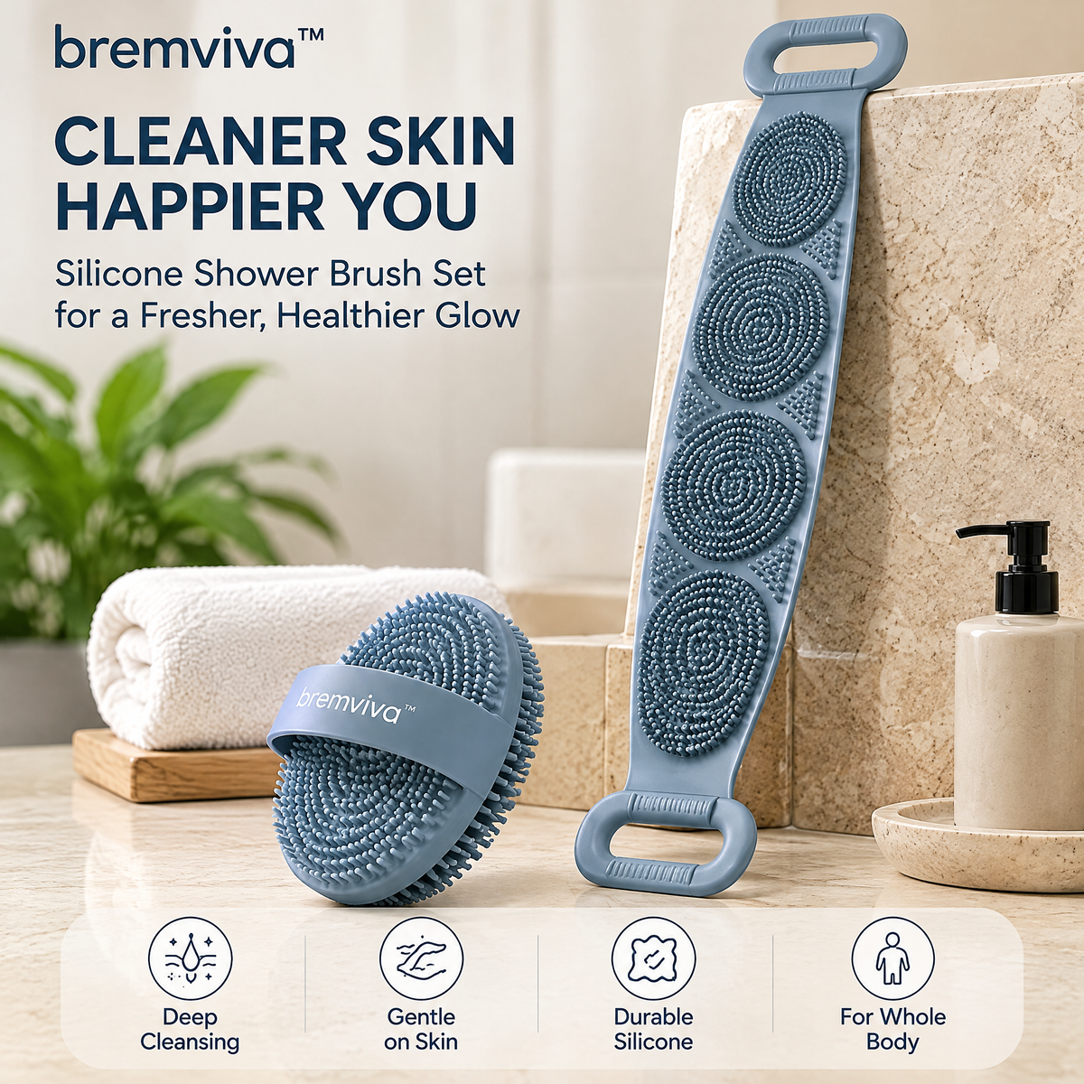 bremviva™ Silicone Shower Brush Set, Handheld Body Scrubber with Finger Loop & Hanging Back Scrubber