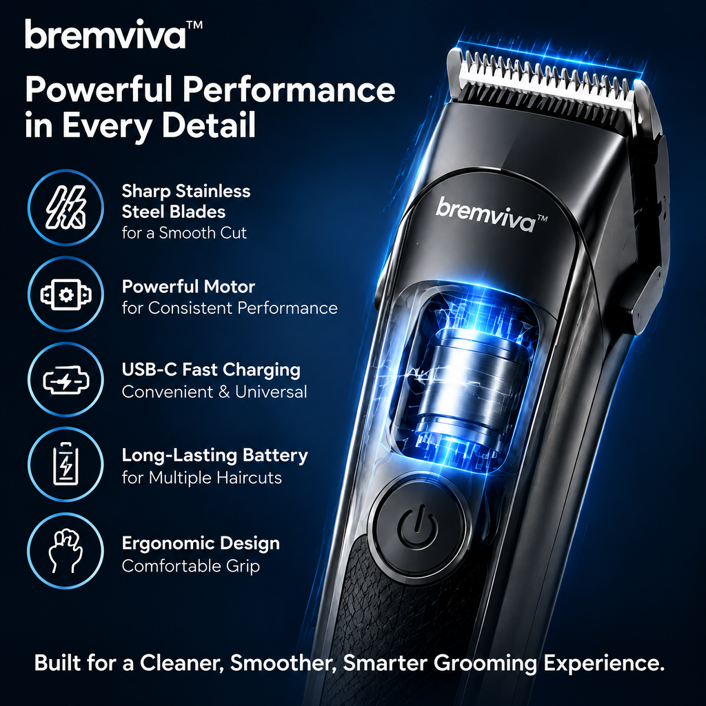 bremviva™ Cordless Hair Clipper Kit, Rechargeable Grooming Tool with USB-C Charging & 6 Guide Combs