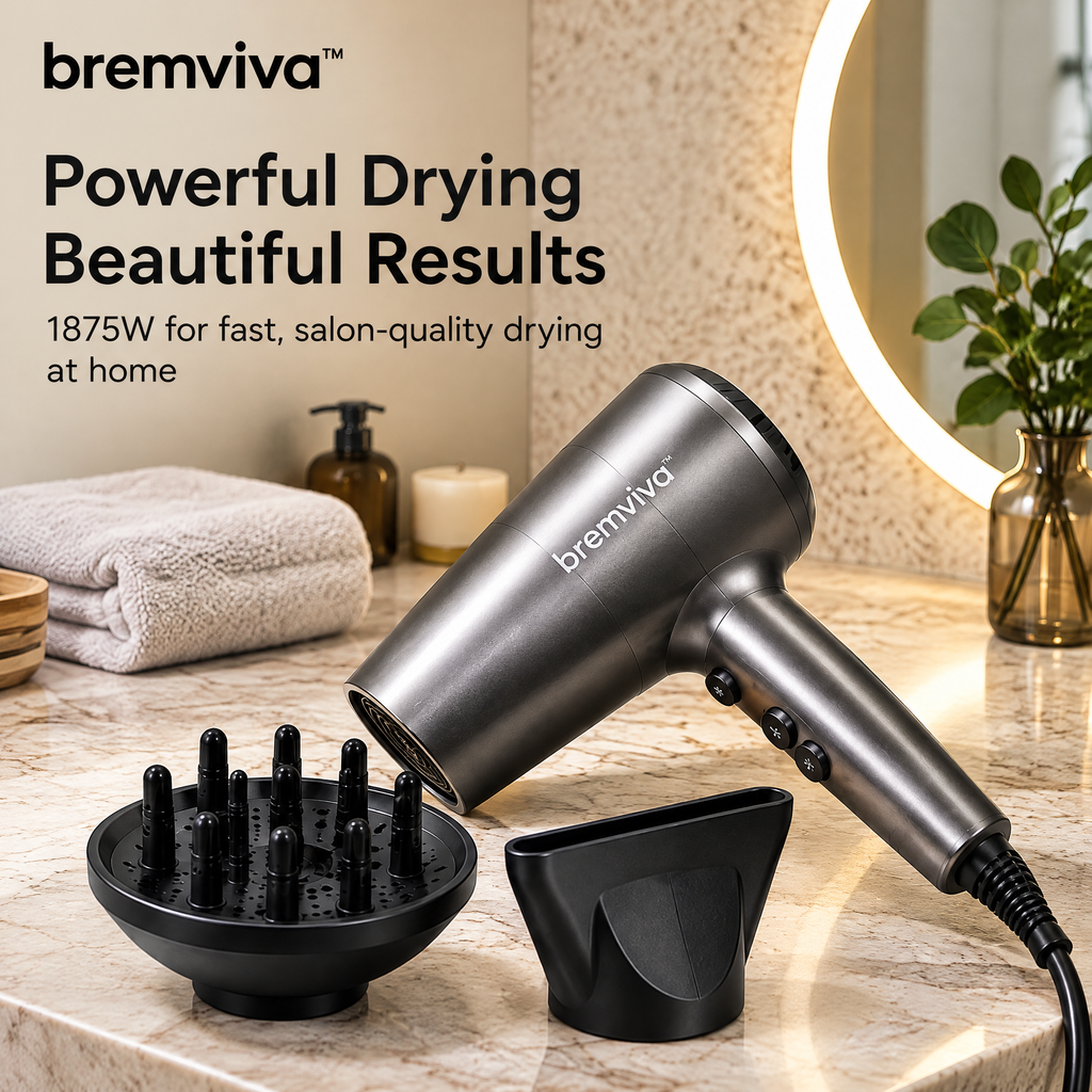 bremviva™ 1875W Hair Dryer, 3 Heat Settings, 2 Speeds & Cool Shot with Concentrator and Diffuser