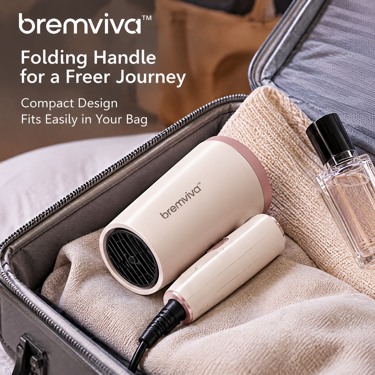 bremviva™ Folding Handle Hair Dryer, 1600W Compact Blow Dryer with 2 Combined Heat/Speed Settings