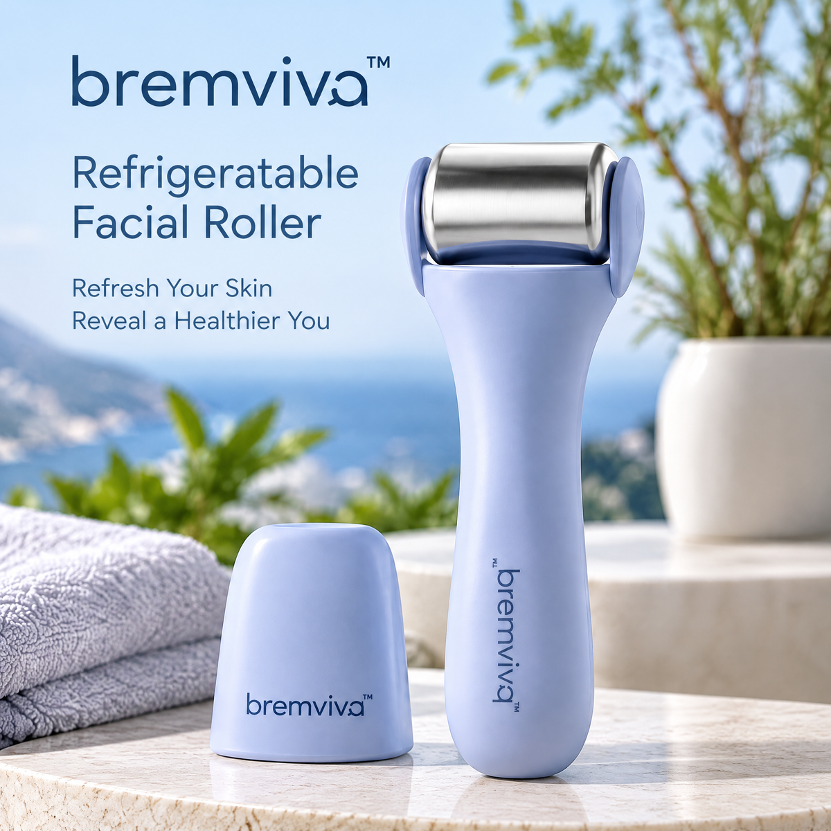 bremviva™ Refrigeratable Facial Roller, Removable Stainless Steel Head with Protective Storage Cover