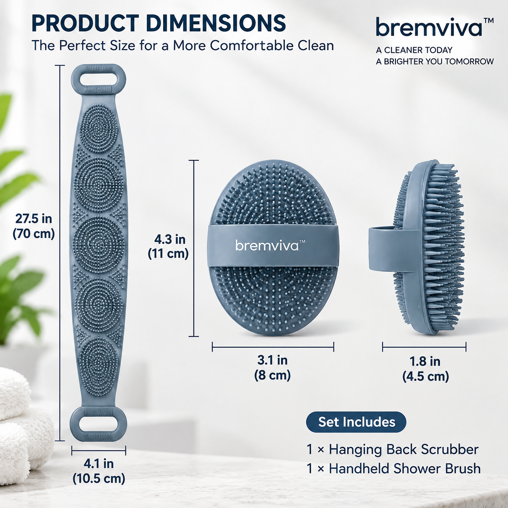 bremviva™ Silicone Shower Brush Set, Handheld Body Scrubber with Finger Loop & Hanging Back Scrubber