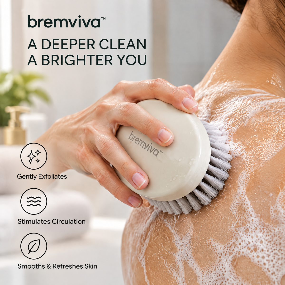 bremviva™ Palm Bath Brush & Soap Dish Set, Nylon Bristle Body Brush with Drainage Tray