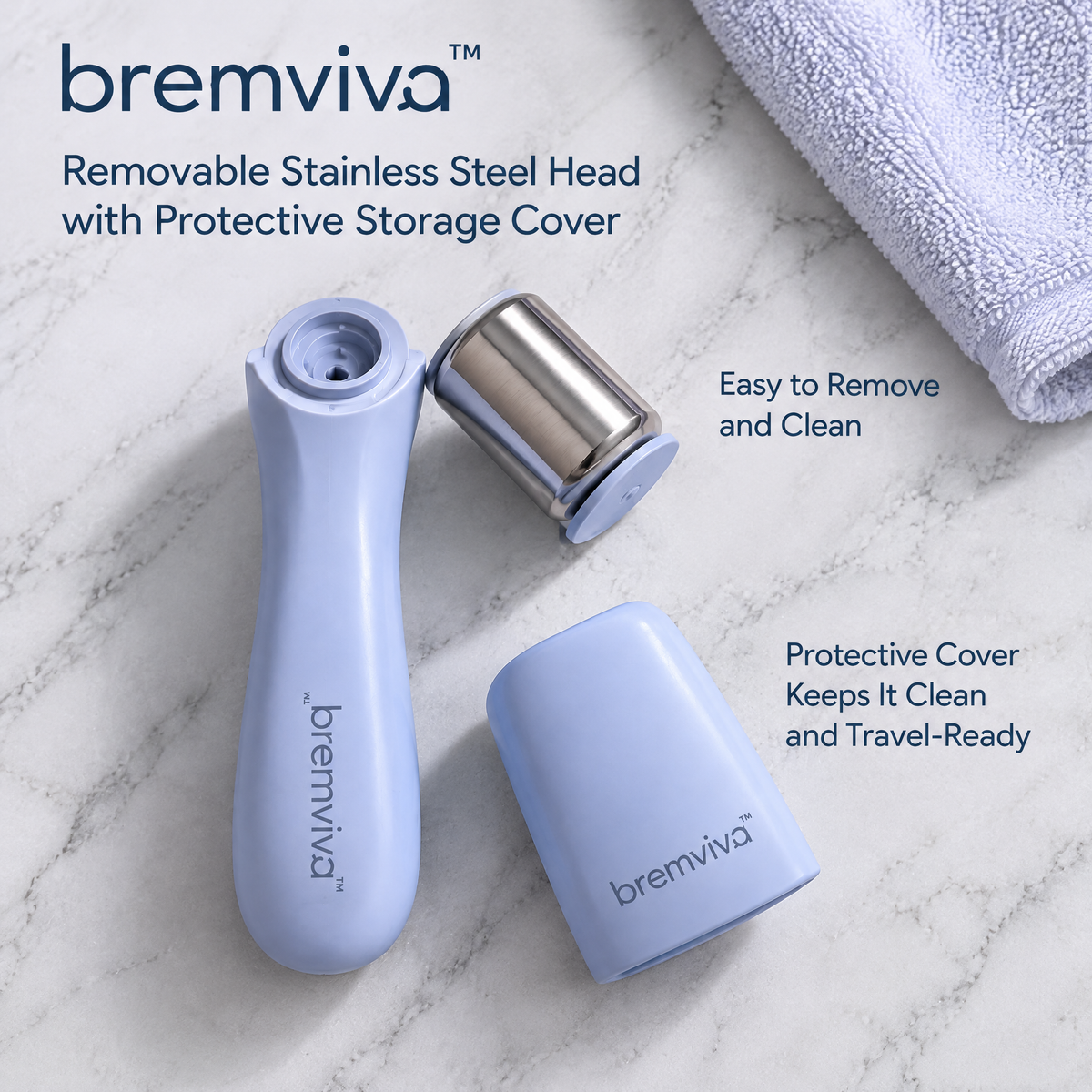 bremviva™ Refrigeratable Facial Roller, Removable Stainless Steel Head with Protective Storage Cover
