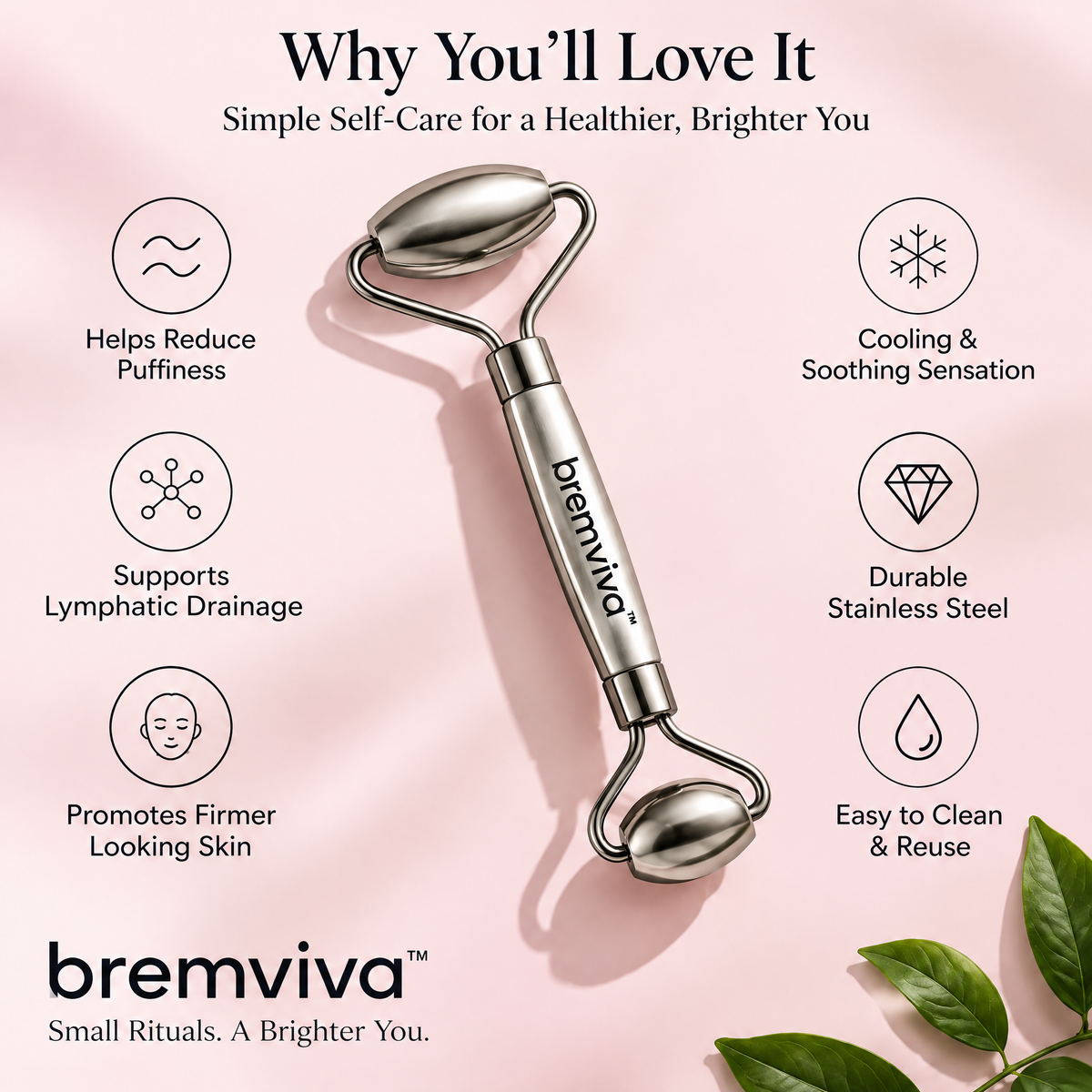 bremviva™ Dual-Ended Stainless Steel Facial Roller, Manual Face Massage Tool with Storage Pouch