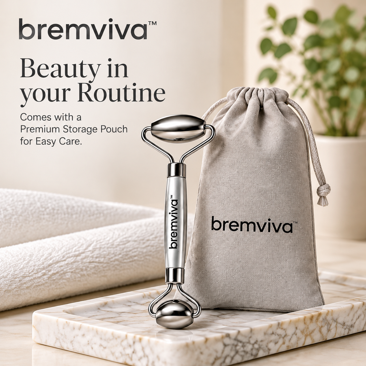 bremviva™ Dual-Ended Stainless Steel Facial Roller, Manual Face Massage Tool with Storage Pouch
