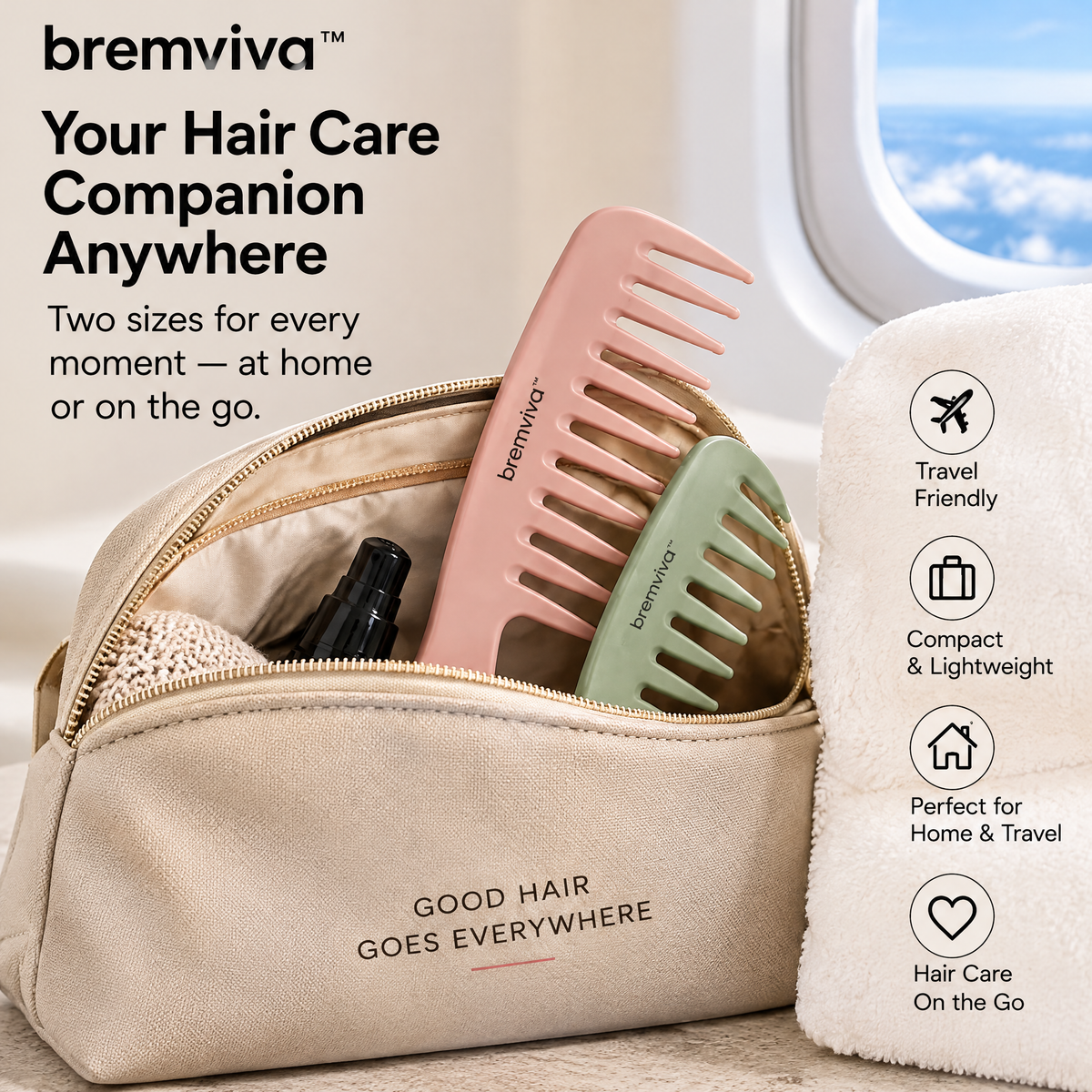 bremviva™ Wide-Tooth Detangling Comb Set, 2-Piece Shower & Travel Hair Combs with Rounded Teeth