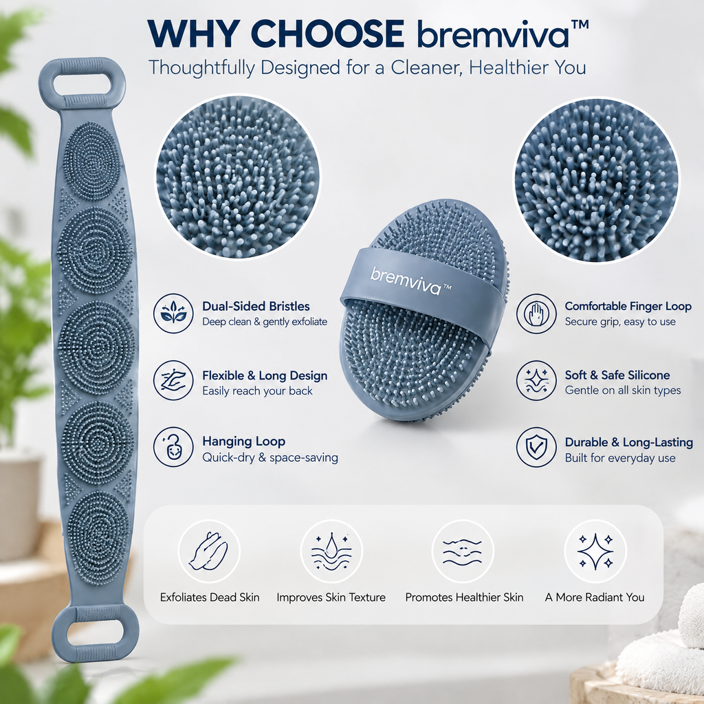 bremviva™ Silicone Shower Brush Set, Handheld Body Scrubber with Finger Loop & Hanging Back Scrubber