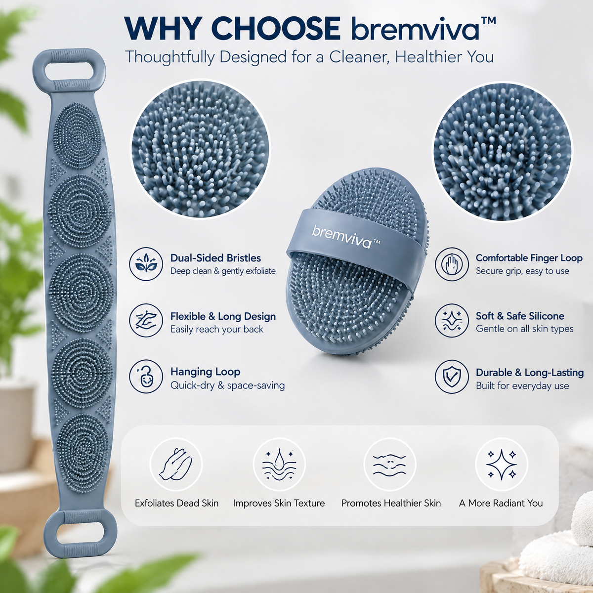bremviva™ Silicone Shower Brush Set, Handheld Body Scrubber with Finger Loop & Hanging Back Scrubber