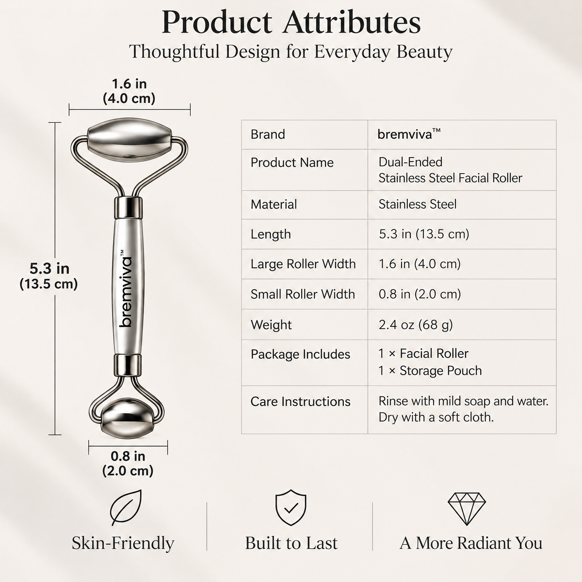 bremviva™ Dual-Ended Stainless Steel Facial Roller, Manual Face Massage Tool with Storage Pouch