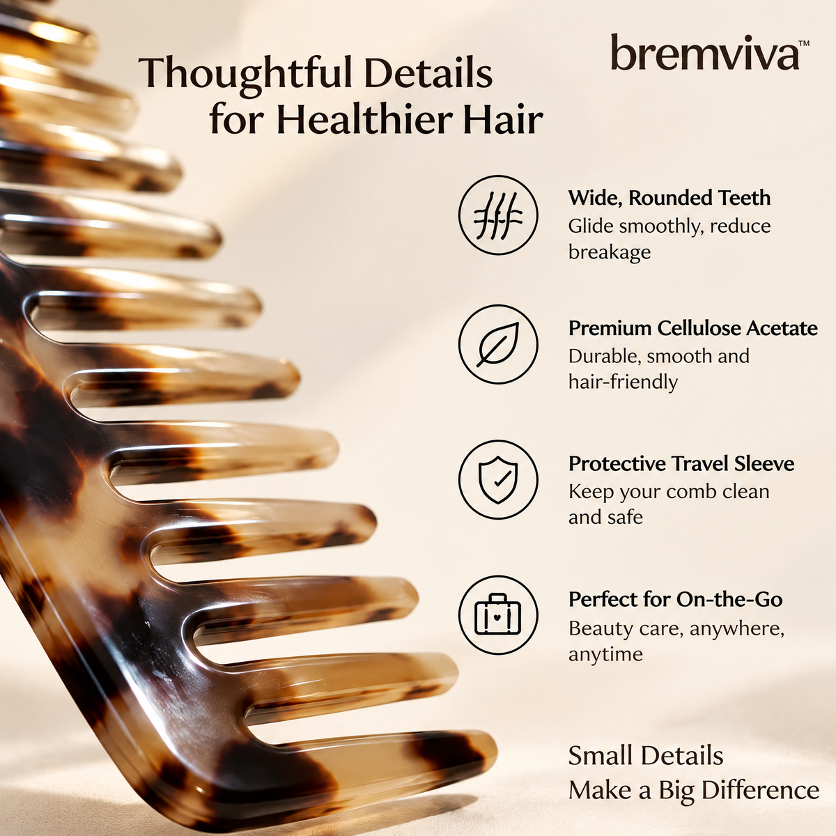 bremviva™ Cellulose Acetate Dressing Comb, Rounded Wide Teeth with Protective Travel Sleeve