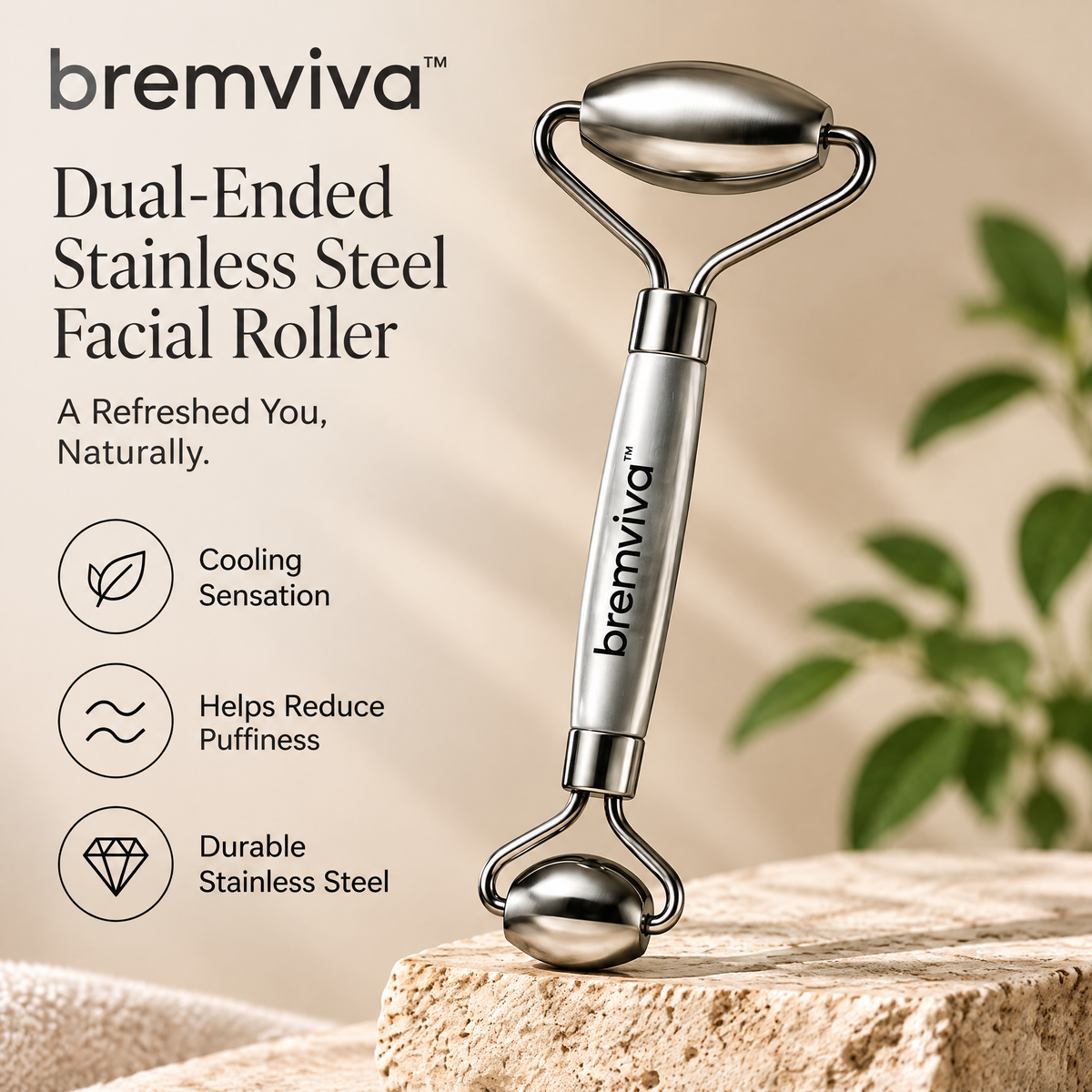bremviva™ Dual-Ended Stainless Steel Facial Roller, Manual Face Massage Tool with Storage Pouch