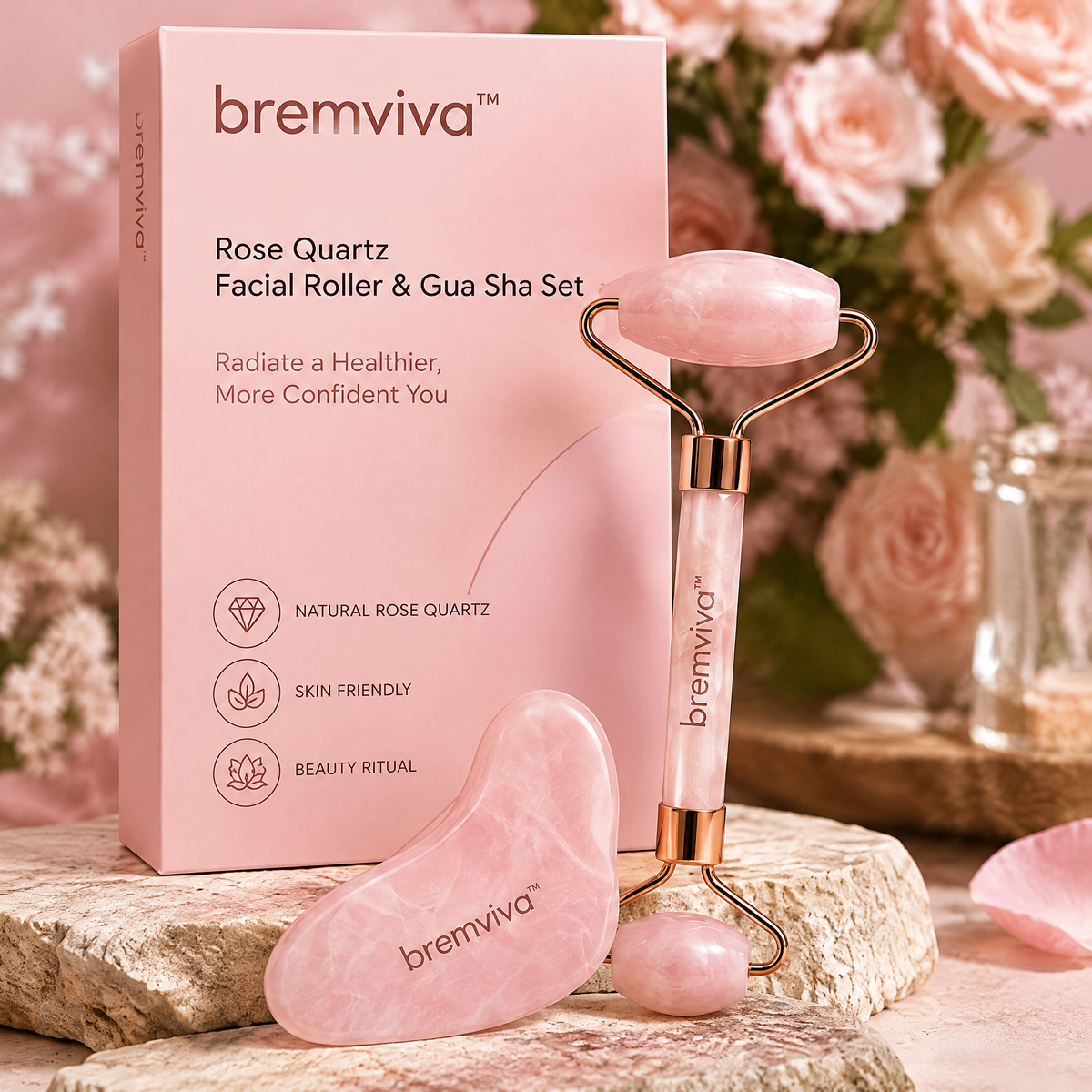 bremviva™ Rose Quartz Facial Roller & Gua Sha Set, Dual-Ended Massage Roller with Contoured Stone Tool
