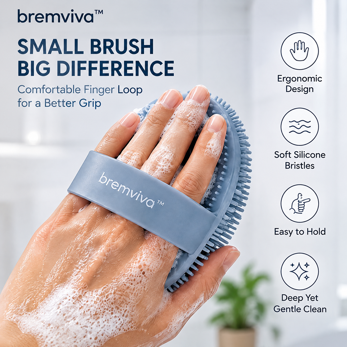 bremviva™ Silicone Shower Brush Set, Handheld Body Scrubber with Finger Loop & Hanging Back Scrubber