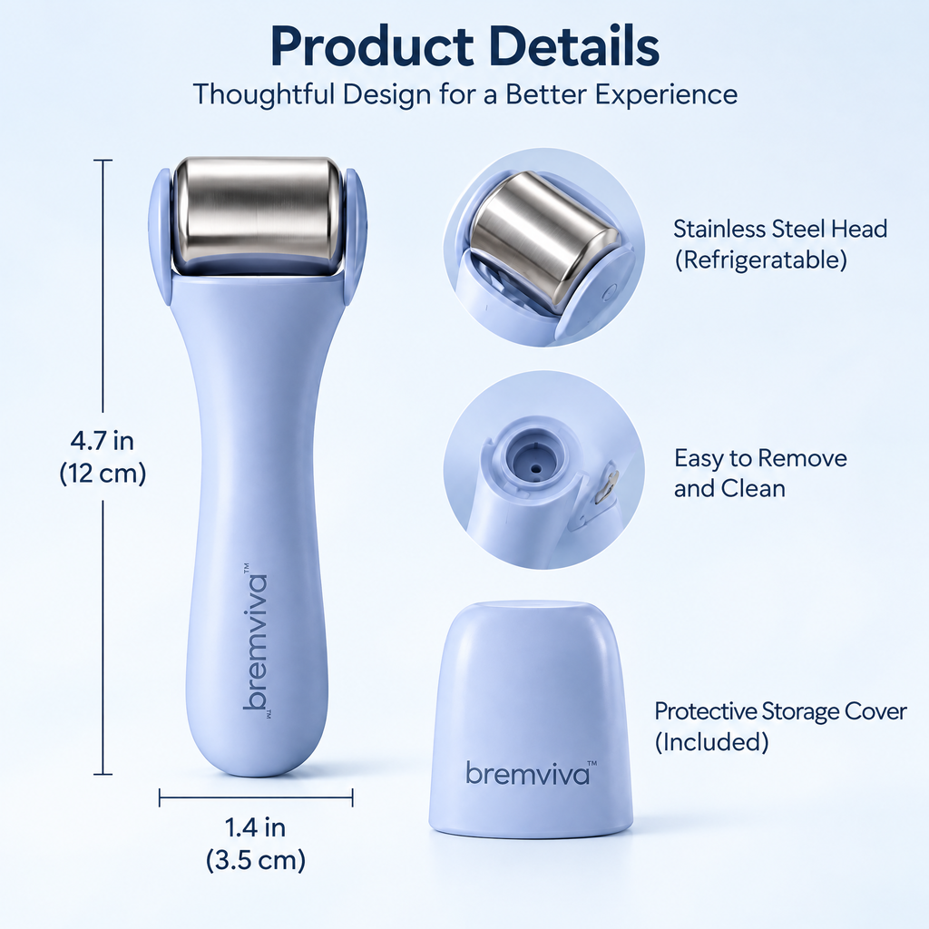 bremviva™ Refrigeratable Facial Roller, Removable Stainless Steel Head with Protective Storage Cover