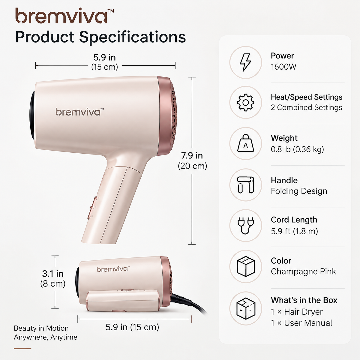 bremviva™ Folding Handle Hair Dryer, 1600W Compact Blow Dryer with 2 Combined Heat/Speed Settings