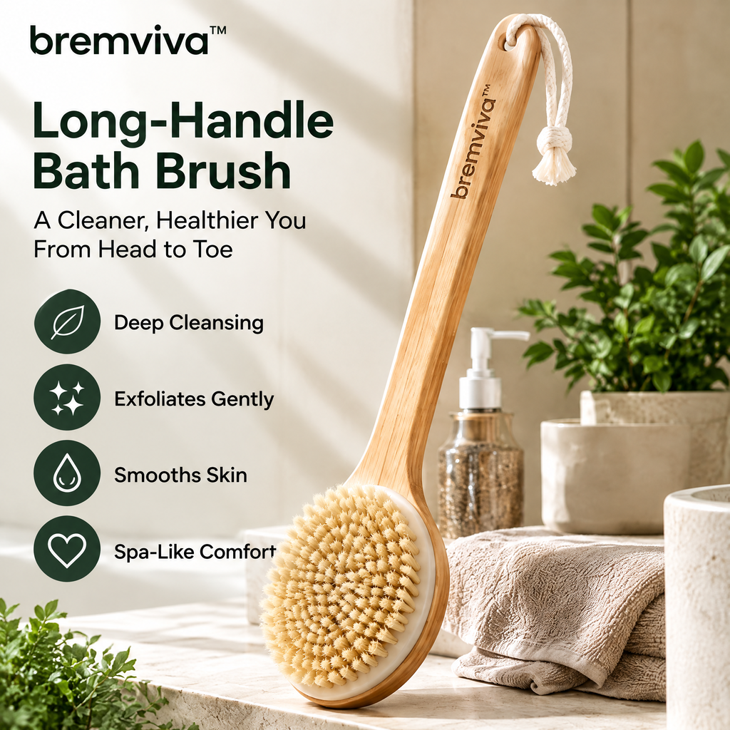 bremviva™ Long-Handle Bath Brush, Removable Bristle Head with Hand Strap for Shower & Body Cleansing