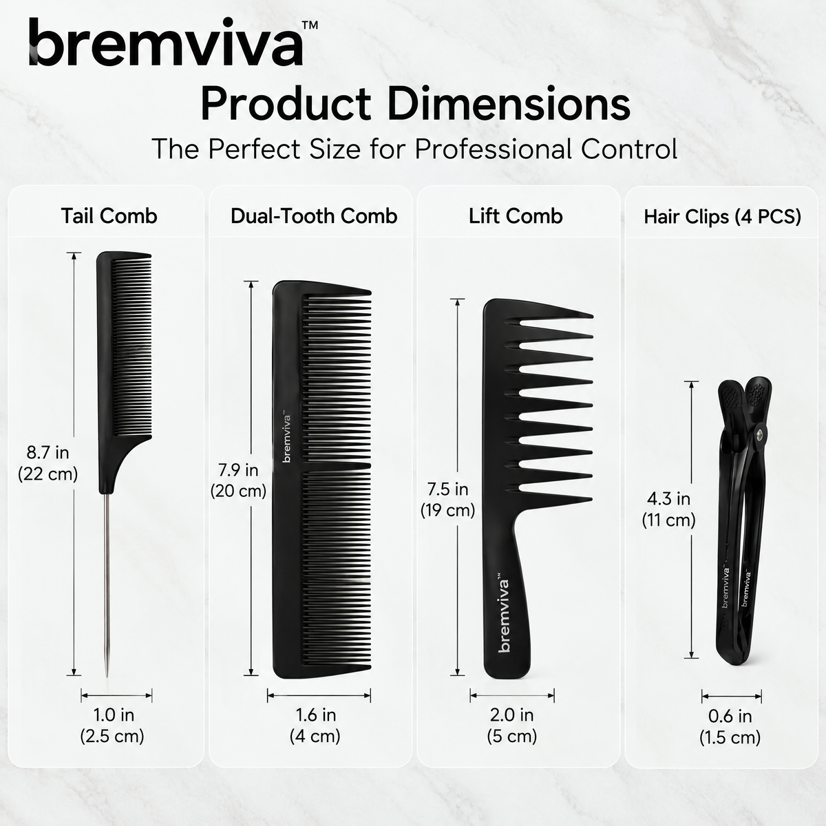 bremviva™ Sectioning & Styling Comb Kit, Tail Comb, Dual-Tooth Comb, Lift Comb & Hair Clips
