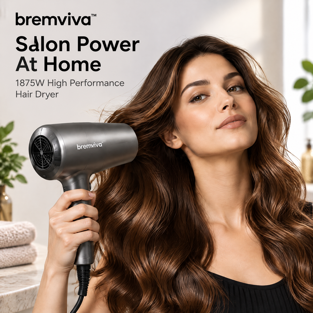 bremviva™ 1875W Hair Dryer, 3 Heat Settings, 2 Speeds & Cool Shot with Concentrator and Diffuser