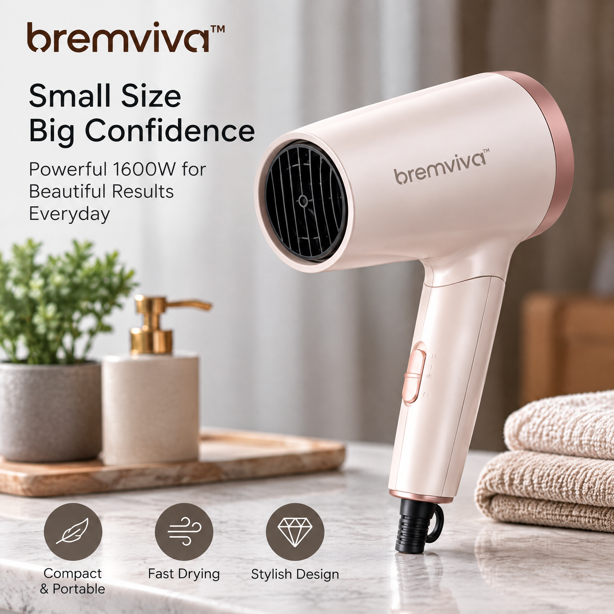 bremviva™ Folding Handle Hair Dryer, 1600W Compact Blow Dryer with 2 Combined Heat/Speed Settings