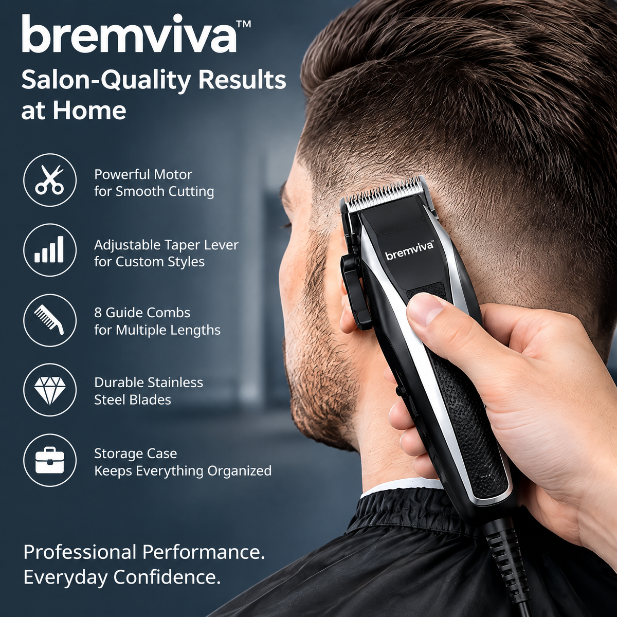 bremviva™ Corded Hair Clipper Kit, Adjustable Taper Lever with 8 Guide Combs & Storage Case