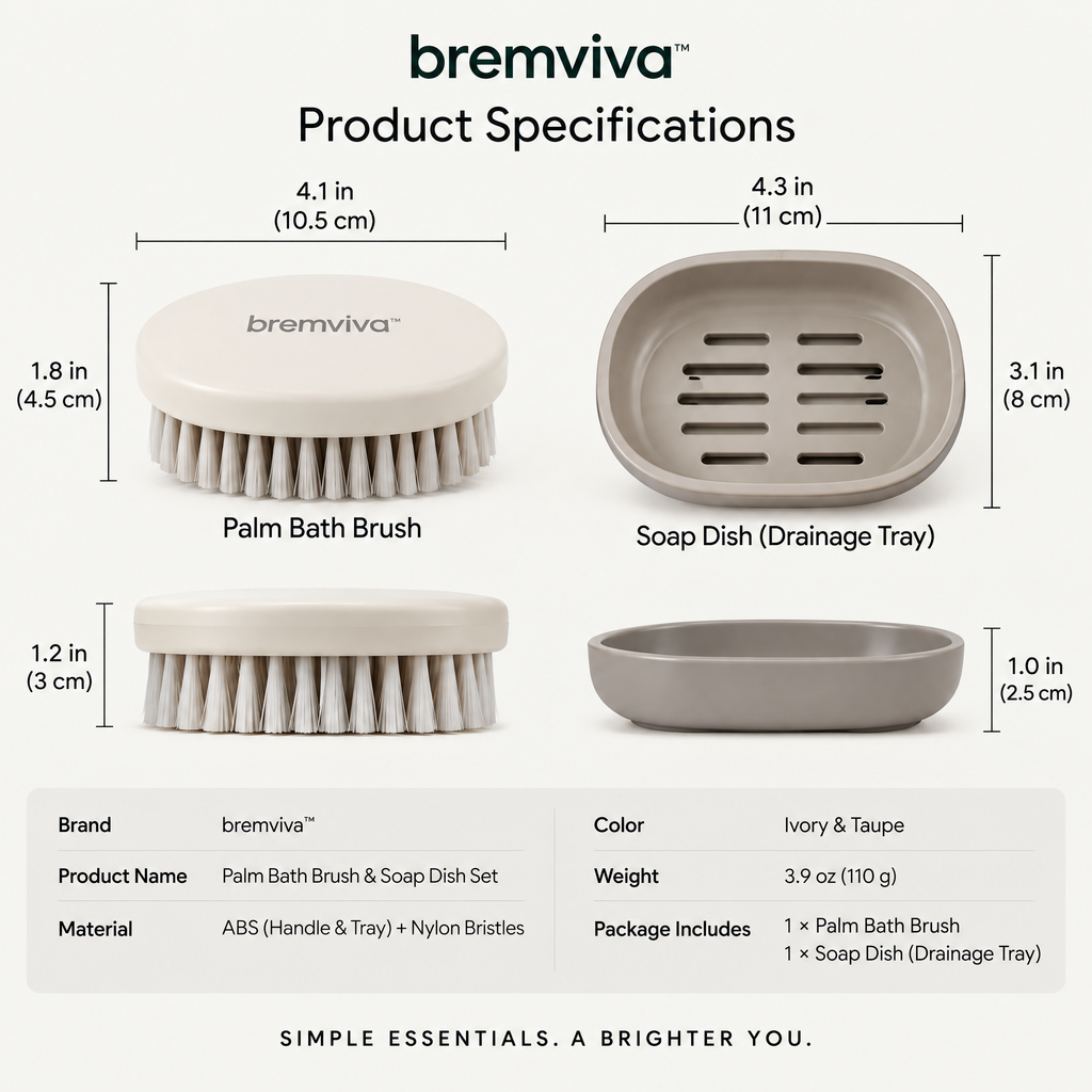 bremviva™ Palm Bath Brush & Soap Dish Set, Nylon Bristle Body Brush with Drainage Tray