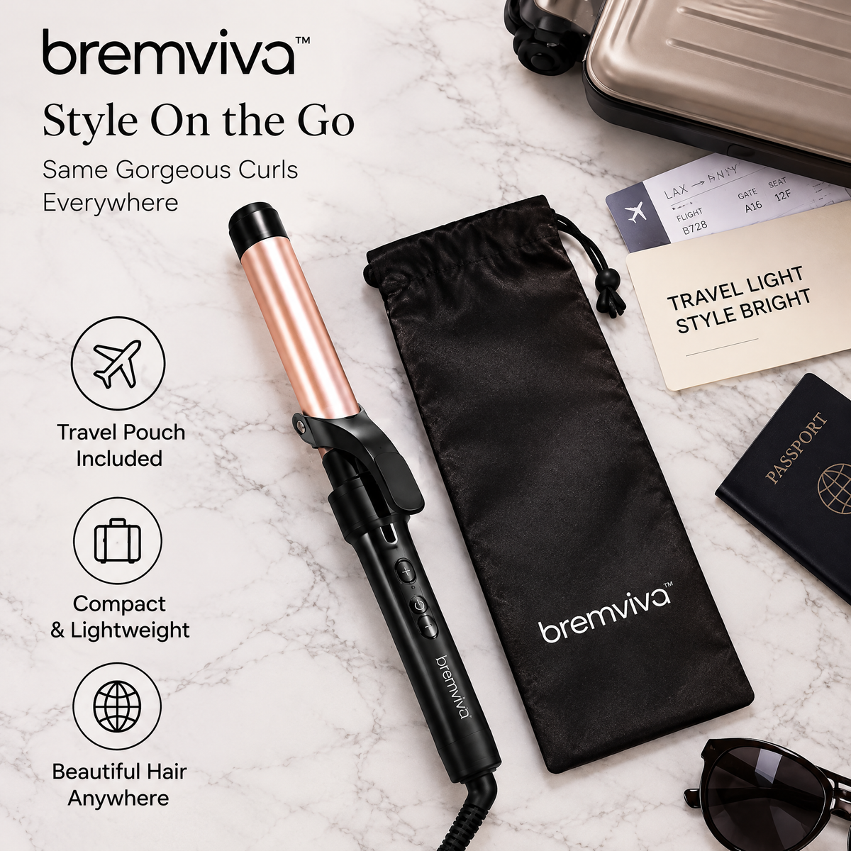 bremviva™ 1¼-Inch Curling Iron, Ceramic-Coated Barrel with 3 Heat Settings, Clamp & Travel Pouch