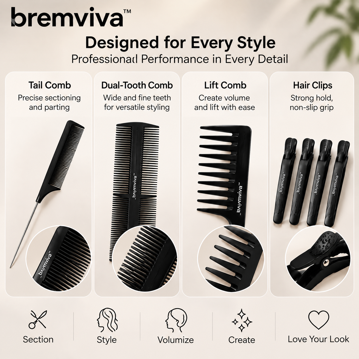 bremviva™ Sectioning & Styling Comb Kit, Tail Comb, Dual-Tooth Comb, Lift Comb & Hair Clips