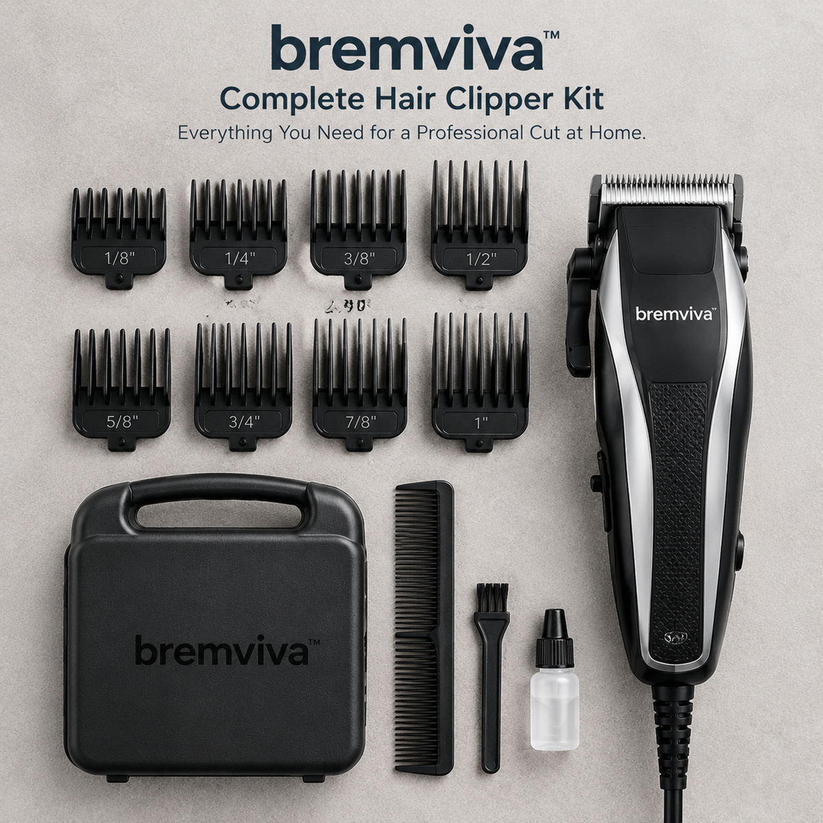bremviva™ Corded Hair Clipper Kit, Adjustable Taper Lever with 8 Guide Combs & Storage Case