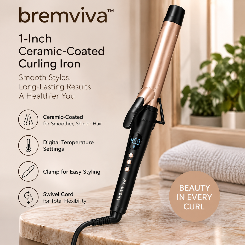 bremviva™ 1-Inch Ceramic-Coated Curling Iron, Digital Temperature Settings with Clamp & Swivel Cord