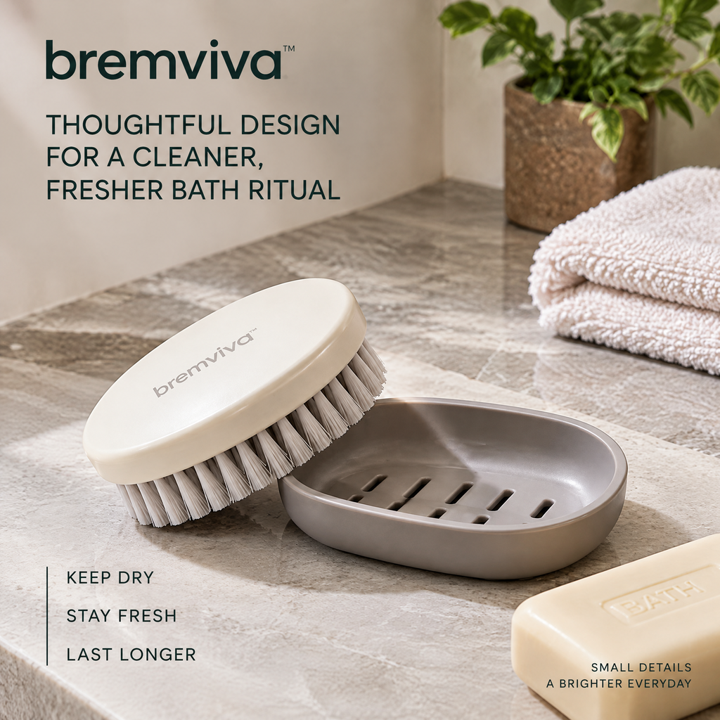 bremviva™ Palm Bath Brush & Soap Dish Set, Nylon Bristle Body Brush with Drainage Tray