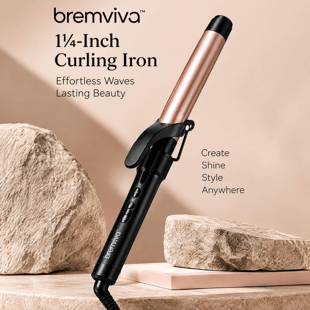 bremviva™ 1¼-Inch Curling Iron, Ceramic-Coated Barrel with 3 Heat Settings, Clamp & Travel Pouch