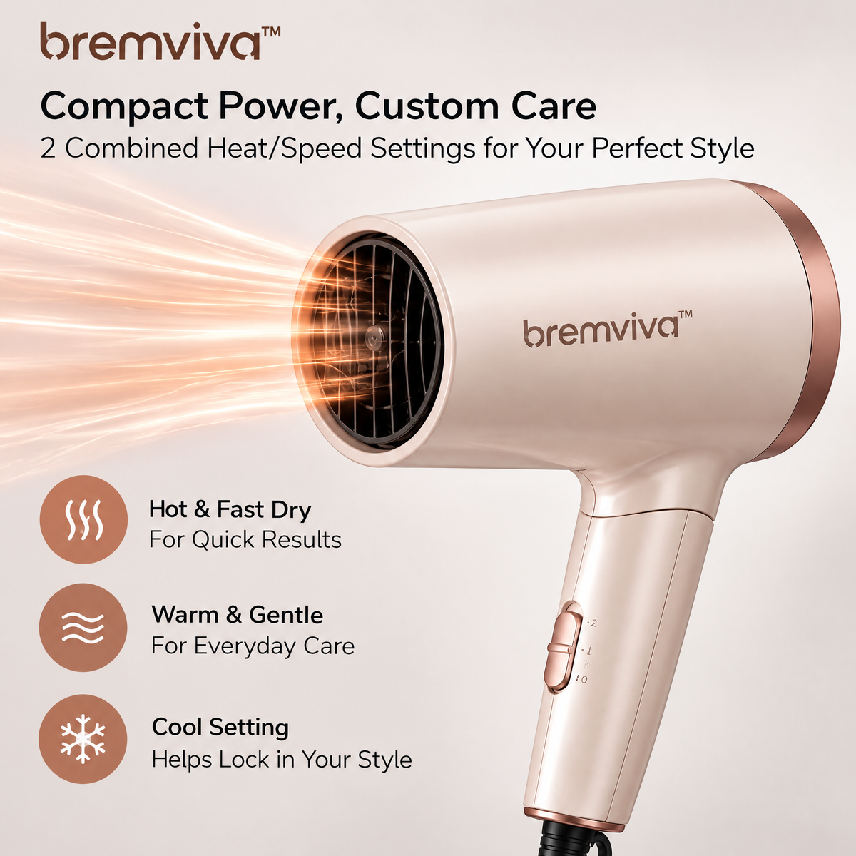 bremviva™ Folding Handle Hair Dryer, 1600W Compact Blow Dryer with 2 Combined Heat/Speed Settings